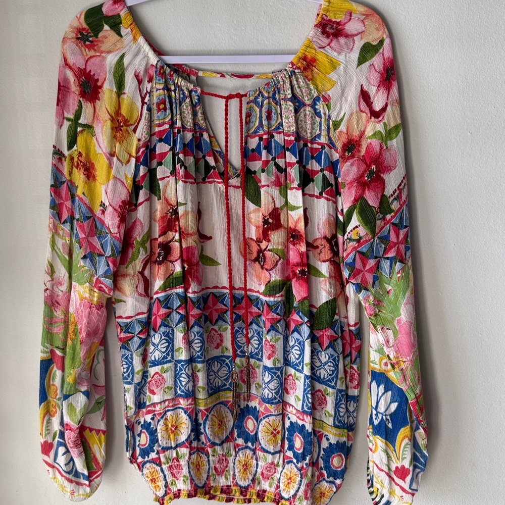 Desigual bright Carola floral boho chic peasant blouse top with beaded tassel - Picture 2 of 9
